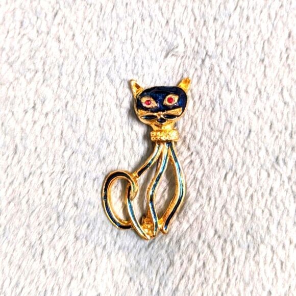 Vintage 80's Enamel and Goldtone Cat Brooche - Picture 6 of 9